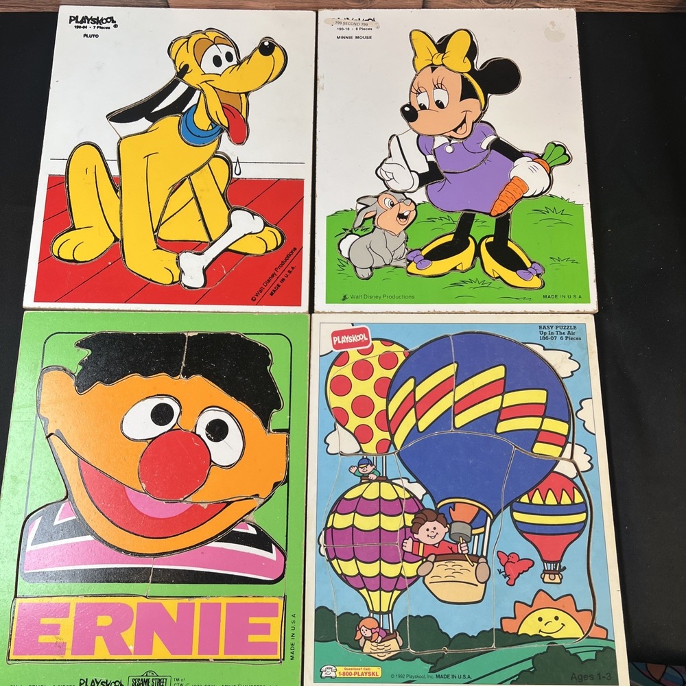 Vintage- Lot - 4 Disney /Playskool Wooden Puzzles Minnie Pluto Ernie Balloon USA